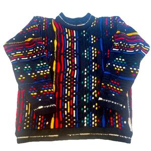 Vintage Coogi 100% Wool 3D Knit Sweater Black Red Blue Yellow White Men’s L READ